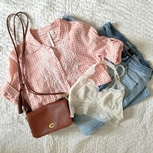 Lauren Conrad Peach picnic plaid blouse
